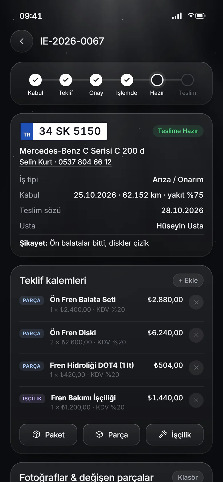 İş emri ekranı