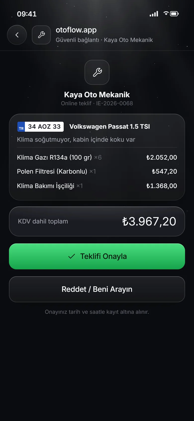 Müşterinin telefonunda teklif onayı